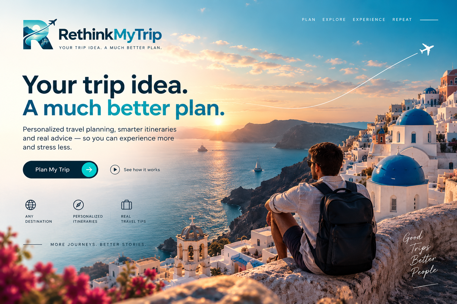 Travel inspiration: a traveller overlooking the sea and blue-domed buildings at sunset.